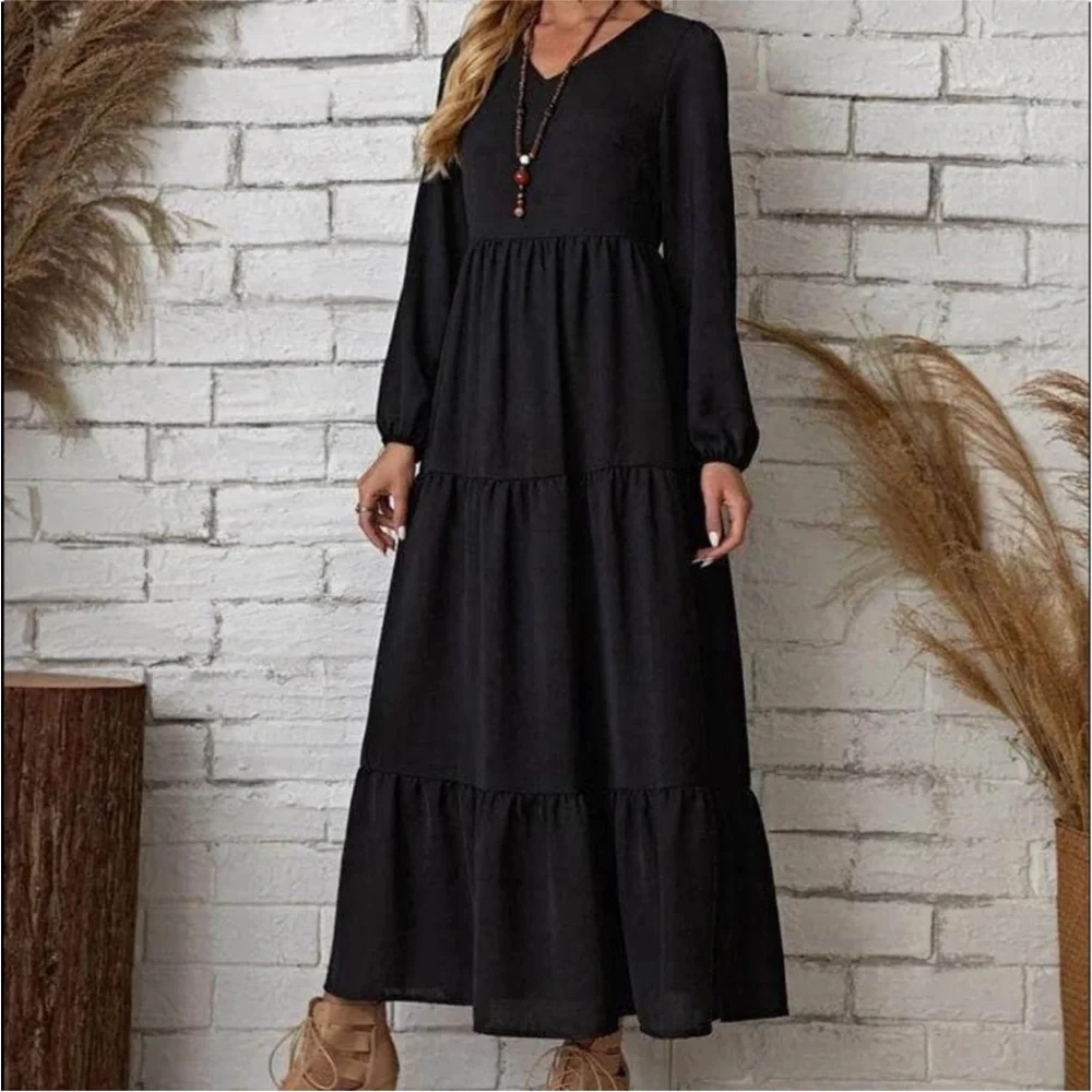 New! CLOSEOUT SALE! Boho Black Long Sleeve Maxi Dress - Picture 2 of 4